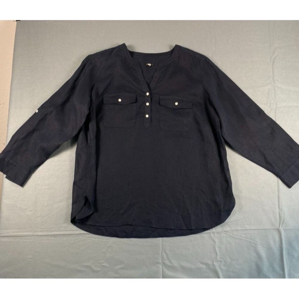 Talbots 100% Linen Blouse Top Sz XL Navy Blue Boxy 3/4 Sleeve Lagen Roll Tab